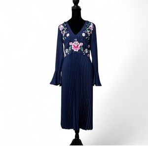 ASOS Blue Pleated Bell Sleeve Dress for Wedding Guest